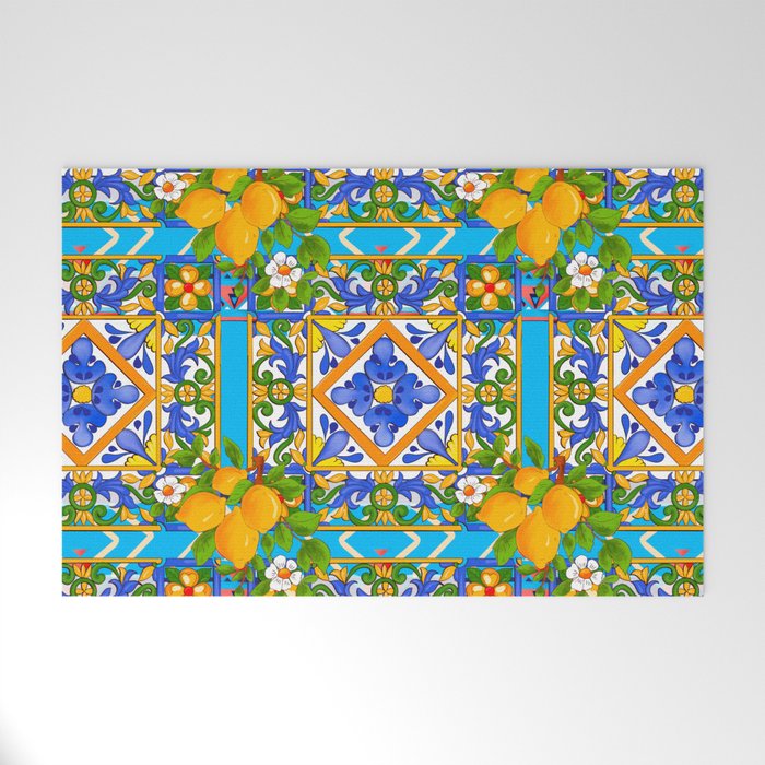 Summer ,Sicilian tiles ,citrus,lemons Mediterranean Pattern  Welcome Mat Gallery Image 1