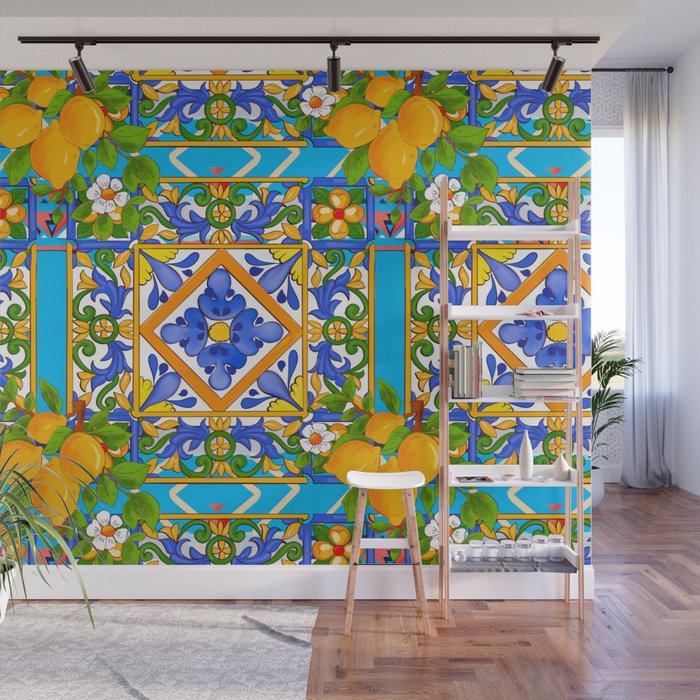 Summer ,Sicilian tiles ,citrus,lemons Mediterranean Pattern  Wall Mural Gallery Image 1