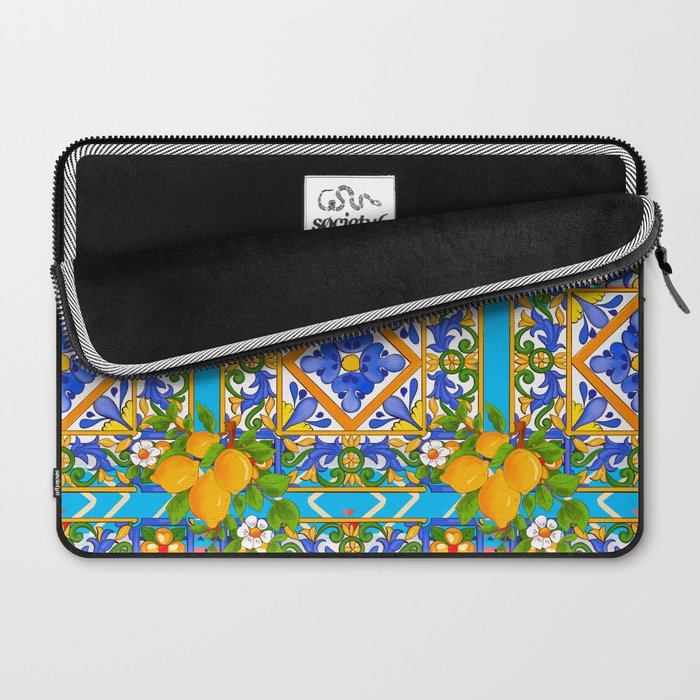 Summer ,Sicilian tiles ,citrus,lemons Mediterranean Pattern  Laptop Sleeve Gallery Image 2