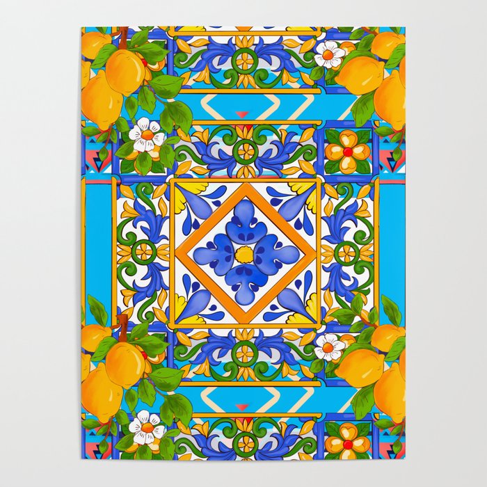 Summer ,Sicilian tiles ,citrus,lemons Mediterranean Pattern  Poster Gallery Image 1