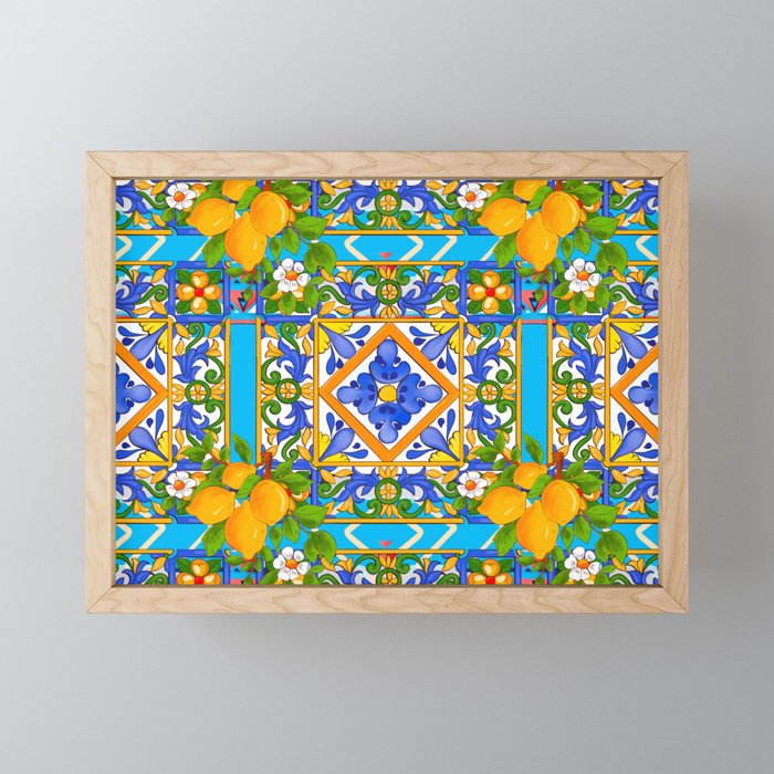 Summer ,Sicilian tiles ,citrus,lemons Mediterranean Pattern  Mini Art Print Gallery Image 1