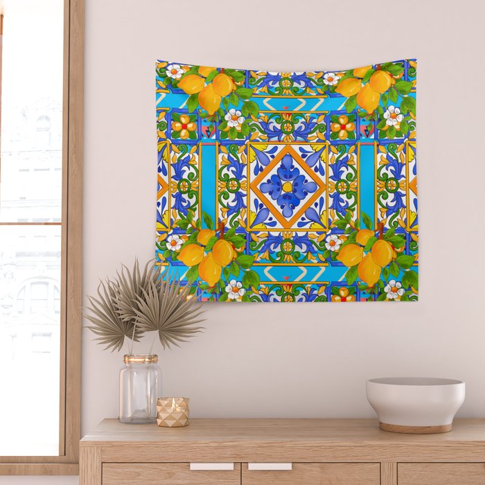 Summer ,Sicilian tiles ,citrus,lemons Mediterranean Pattern  Wall Tapestry Gallery Image 2