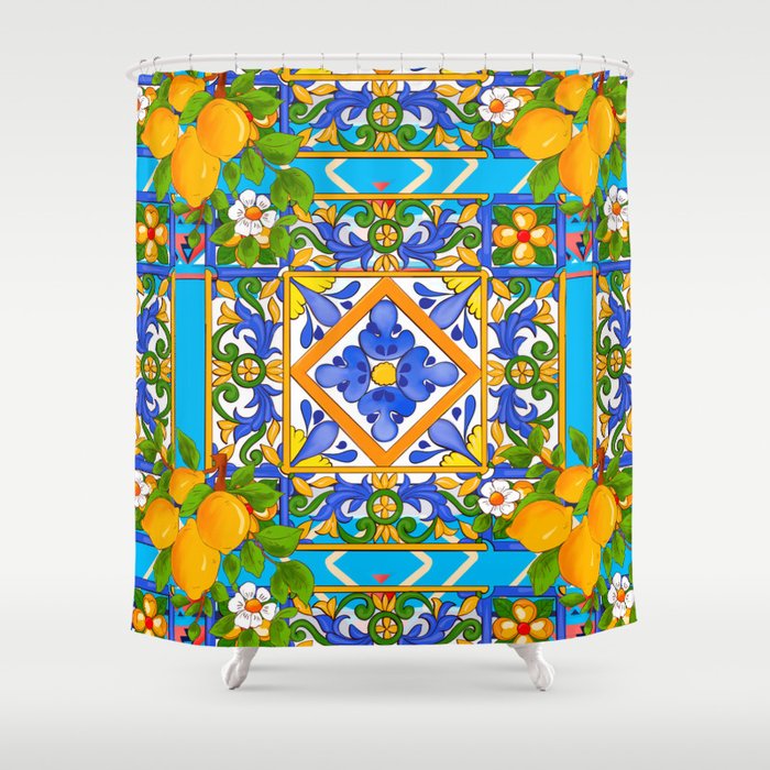 Summer ,Sicilian tiles ,citrus,lemons Mediterranean Pattern  Shower Curtain Gallery Image 1