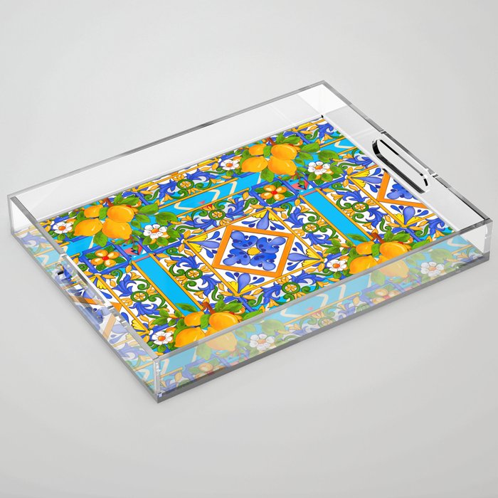 Summer ,Sicilian tiles ,citrus,lemons Mediterranean Pattern  Acrylic Tray Gallery Image 1