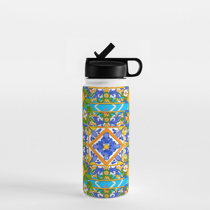 Summer ,Sicilian tiles ,citrus,lemons Mediterranean Pattern  Water Bottle Gallery Image 1