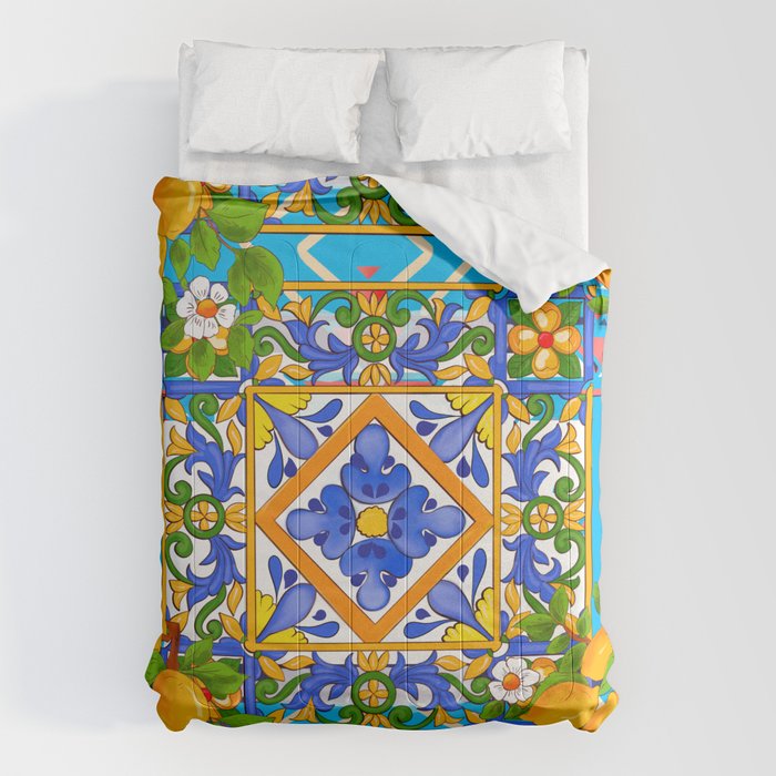 Summer ,Sicilian tiles ,citrus,lemons Mediterranean Pattern  Comforter Gallery Image 1