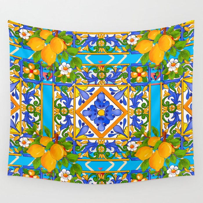Summer ,Sicilian tiles ,citrus,lemons Mediterranean Pattern  Wall Tapestry Gallery Image 4