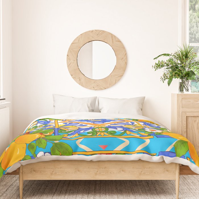 Summer ,Sicilian tiles ,citrus,lemons Mediterranean Pattern  Duvet Cover Gallery Image 3