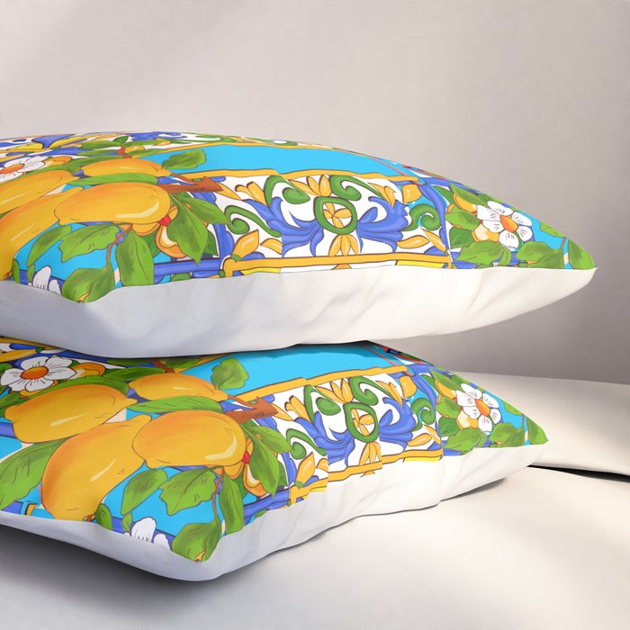 Summer ,Sicilian tiles ,citrus,lemons Mediterranean Pattern  Pillow Sham Gallery Image 3