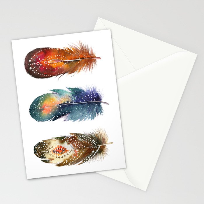Colorful Magical Mystical Feathers Watercolor Painting Nature Tribal Patterns White Background Stationery Card Gallery Image 2