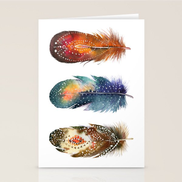 Colorful Magical Mystical Feathers Watercolor Painting Nature Tribal Patterns White Background Stationery Card Gallery Image 2
