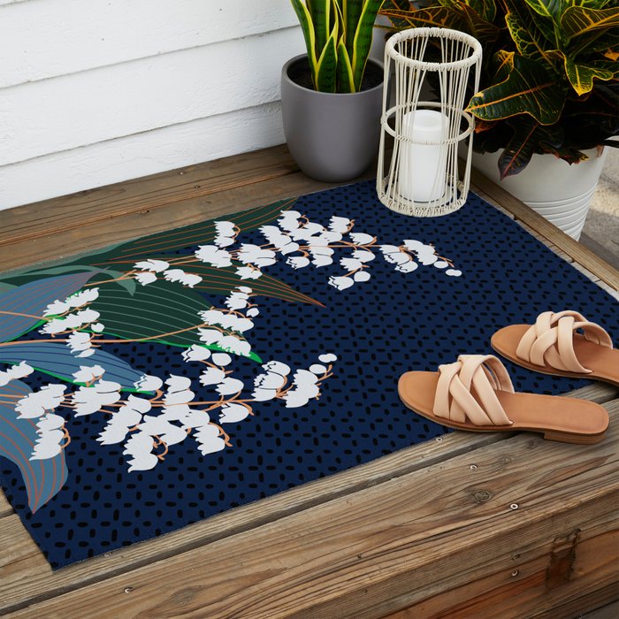 Big flowers Lily of the valley dark denim Outdoor Rug Gallery Image 2
