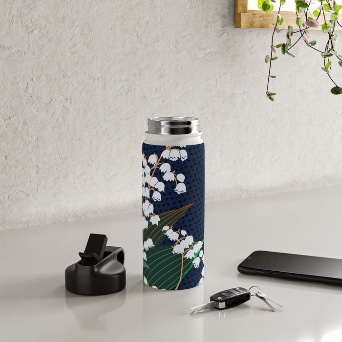Big flowers Lily of the valley dark denim Water Bottle Gallery Image 4