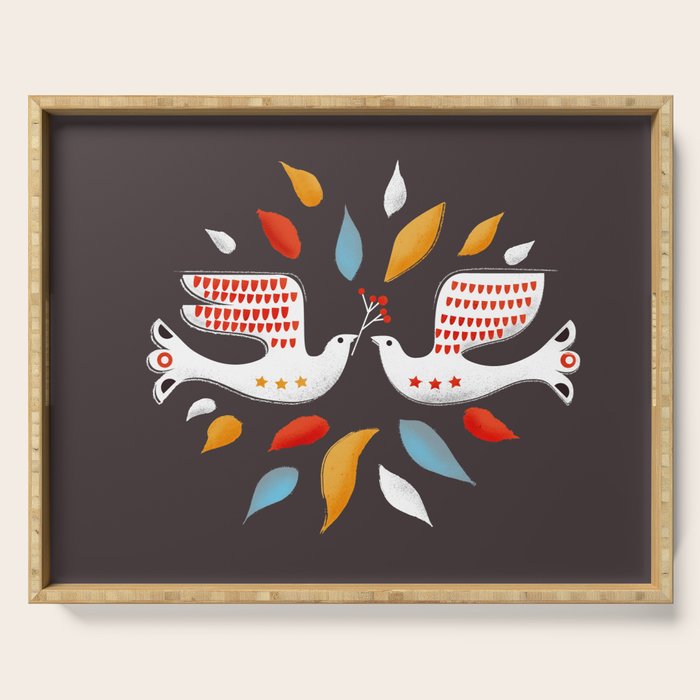 Retro christmas birds illustration Serving Tray Gallery Image 1