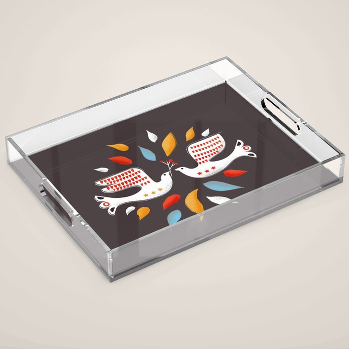 Retro christmas birds illustration Acrylic Tray Gallery Image 1