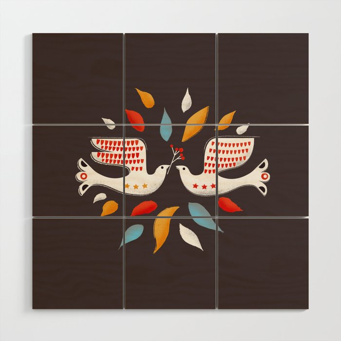 Retro christmas birds illustration Wood Wall Art Gallery Image 1