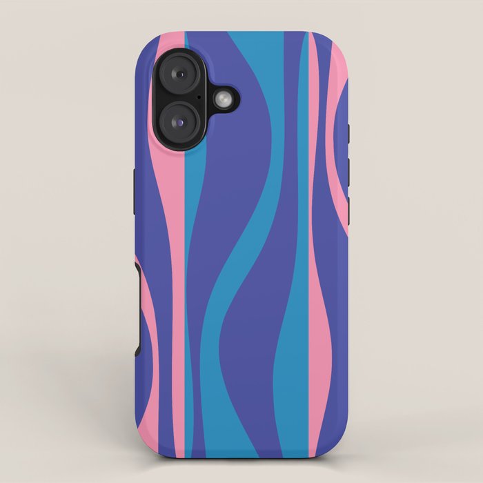 Mid Century Modern Retro Lounge Striped Ogee Pattern in Modtastic Blue and Pink iPhone Case Gallery Image 1