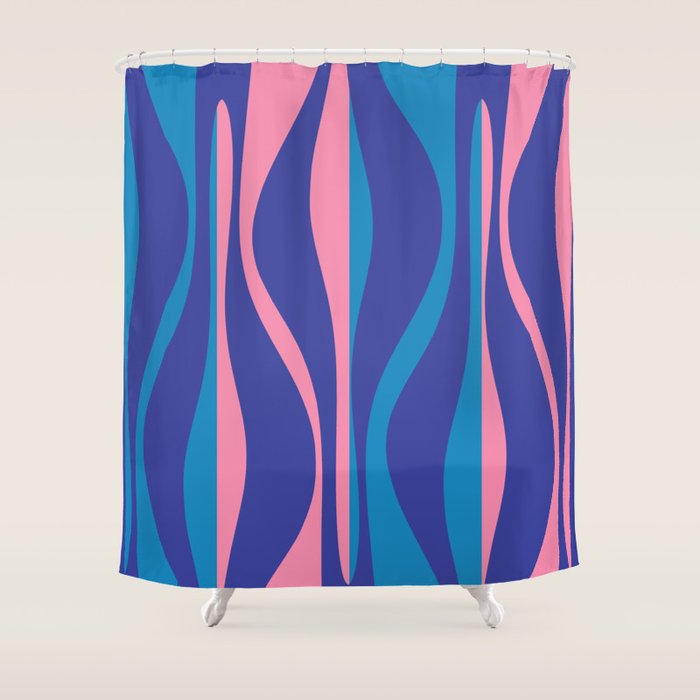 Mid Century Modern Retro Lounge Striped Ogee Pattern in Modtastic Blue and Pink Shower Curtain Gallery Image 1