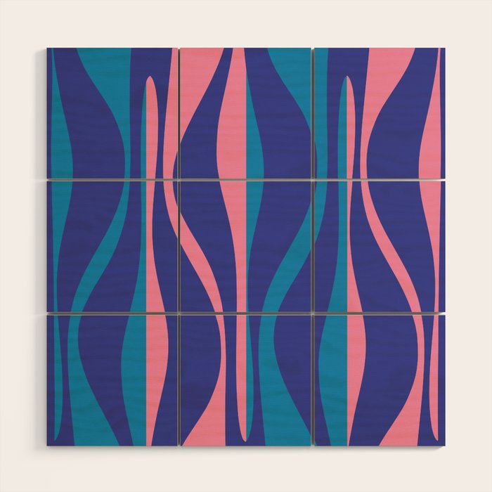 Mid Century Modern Retro Lounge Striped Ogee Pattern in Modtastic Blue and Pink Wood Wall Art Gallery Image 1
