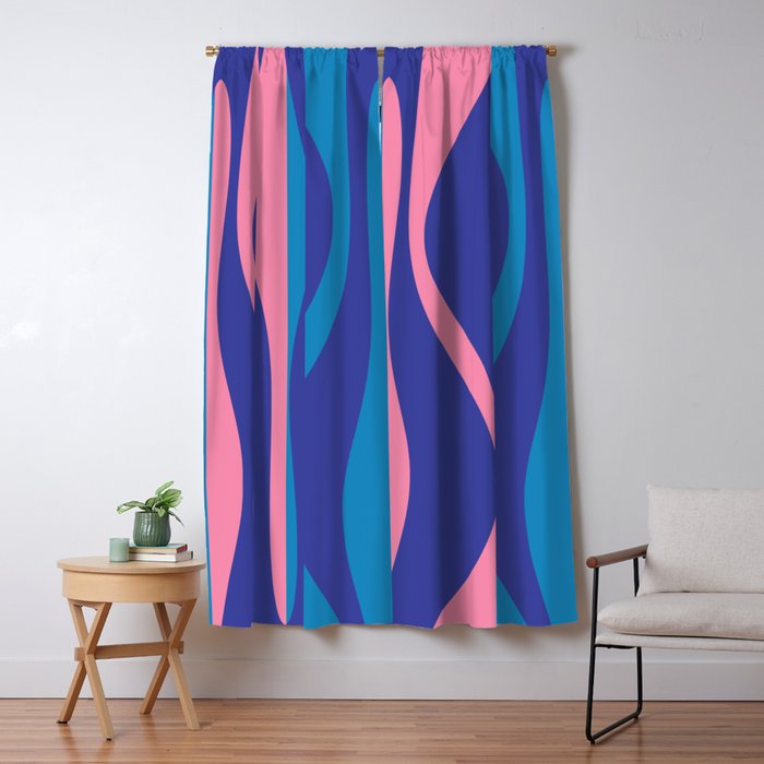 Mid Century Modern Retro Lounge Striped Ogee Pattern in Modtastic Blue and Pink Window Curtain Gallery Image 1