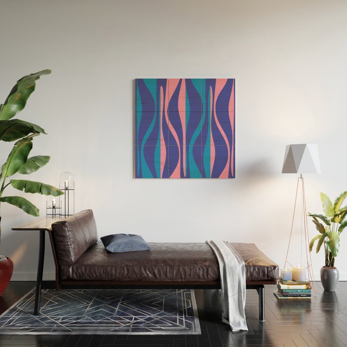 Mid Century Modern Retro Lounge Striped Ogee Pattern in Modtastic Blue and Pink Wood Wall Art Gallery Image 2