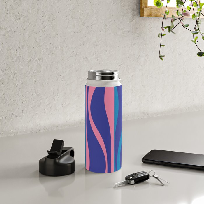Mid Century Modern Retro Lounge Striped Ogee Pattern in Modtastic Blue and Pink Water Bottle Gallery Image 4