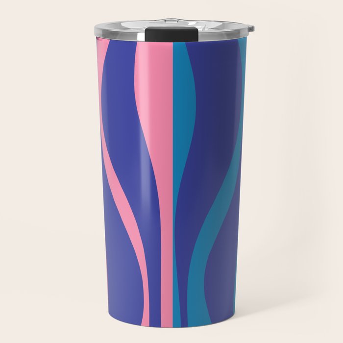 Mid Century Modern Retro Lounge Striped Ogee Pattern in Modtastic Blue and Pink Travel Mug Gallery Image 1