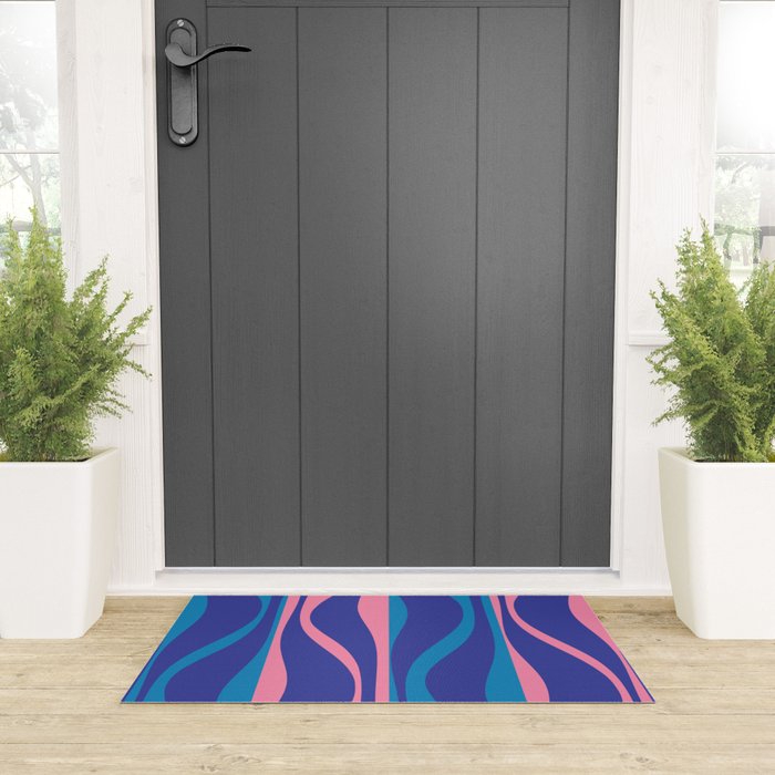 Mid Century Modern Retro Lounge Striped Ogee Pattern in Modtastic Blue and Pink Welcome Mat Gallery Image 3