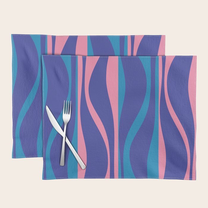 Mid Century Modern Retro Lounge Striped Ogee Pattern in Modtastic Blue and Pink Placemat Gallery Image 1
