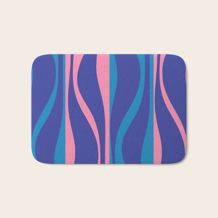 Mid Century Modern Retro Lounge Striped Ogee Pattern in Modtastic Blue and Pink Bath Mat Gallery Image 1