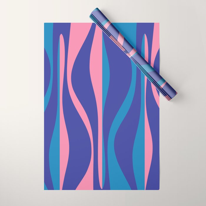 Mid Century Modern Retro Lounge Striped Ogee Pattern in Modtastic Blue and Pink Wrapping Paper Gallery Image 1