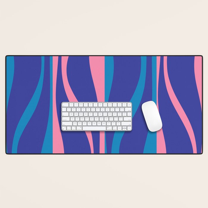 Mid Century Modern Retro Lounge Striped Ogee Pattern in Modtastic Blue and Pink Desk Mat Gallery Image 1