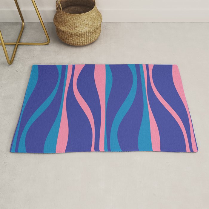 Mid Century Modern Retro Lounge Striped Ogee Pattern in Modtastic Blue and Pink Rug Gallery Image 1