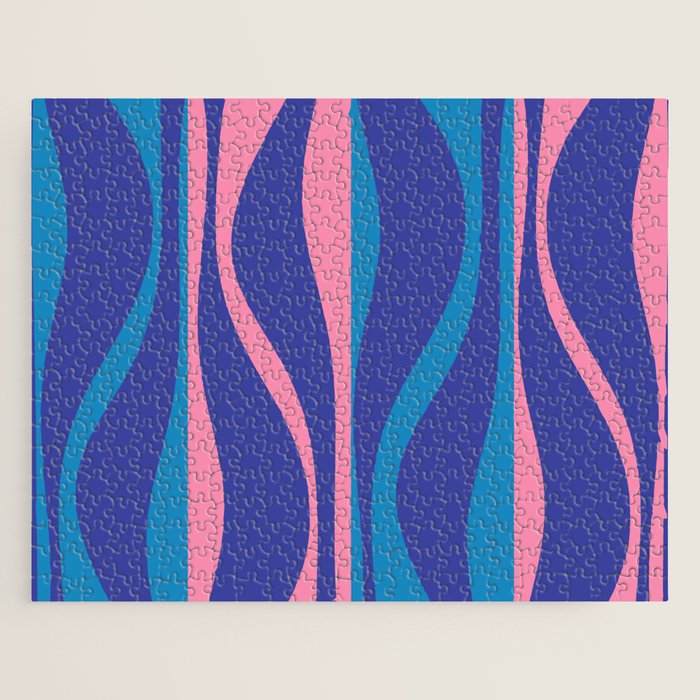 Mid Century Modern Retro Lounge Striped Ogee Pattern in Modtastic Blue and Pink Jigsaw Puzzle Gallery Image 1