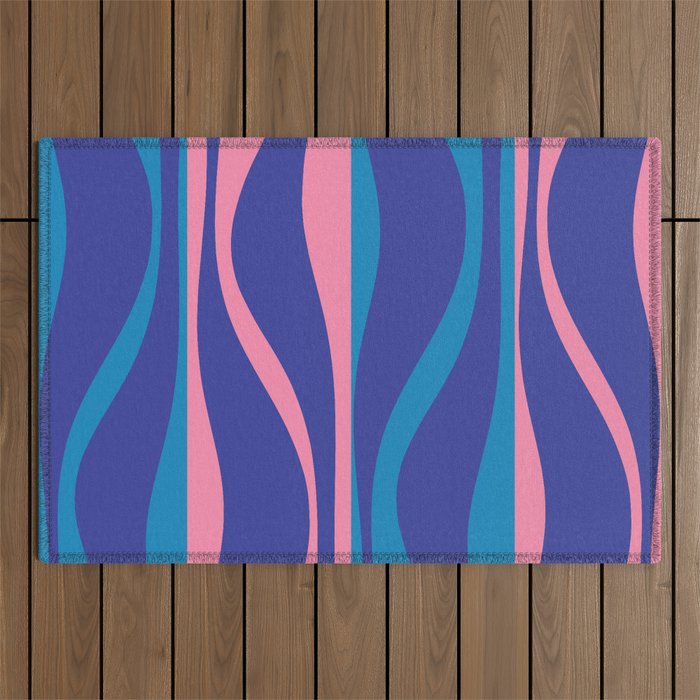 Mid Century Modern Retro Lounge Striped Ogee Pattern in Modtastic Blue and Pink Outdoor Rug Gallery Image 1