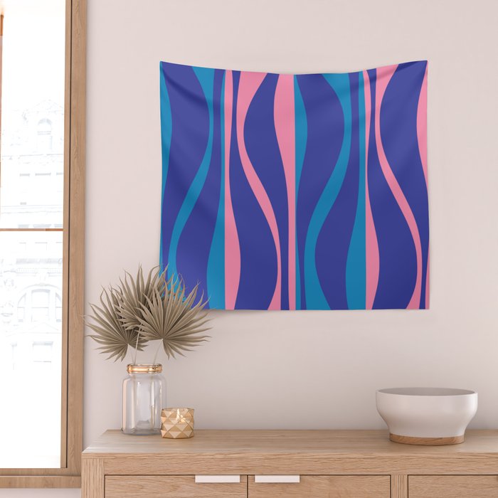 Mid Century Modern Retro Lounge Striped Ogee Pattern in Modtastic Blue and Pink Wall Tapestry Gallery Image 2