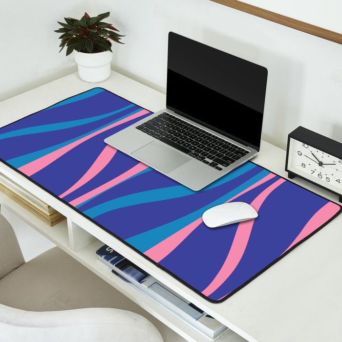 Mid Century Modern Retro Lounge Striped Ogee Pattern in Modtastic Blue and Pink Desk Mat Gallery Image 2