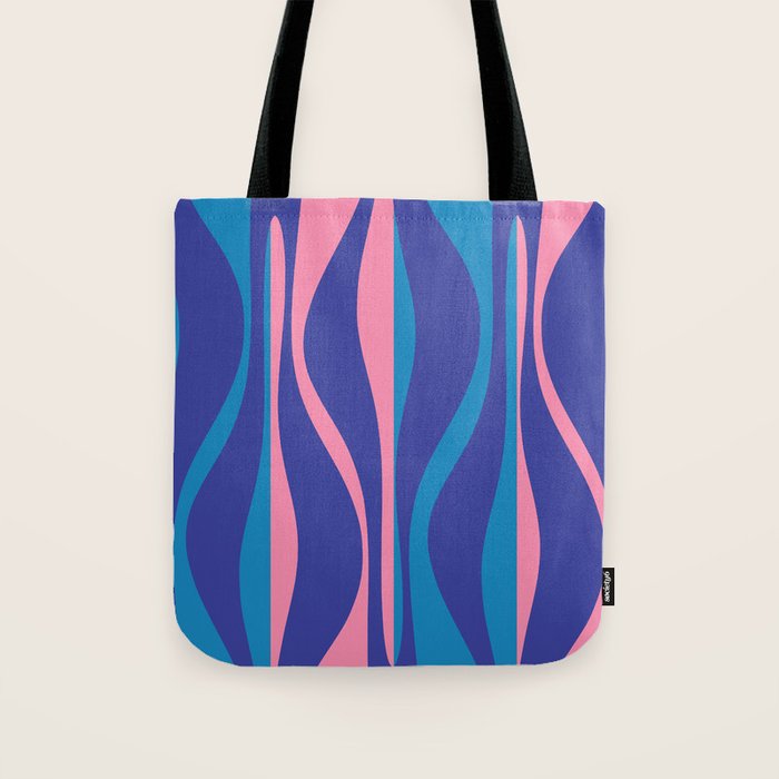 Mid Century Modern Retro Lounge Striped Ogee Pattern in Modtastic Blue and Pink Tote Bag Gallery Image 1