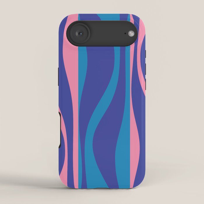 Mid Century Modern Retro Lounge Striped Ogee Pattern in Modtastic Blue and Pink iPhone Case Gallery Image 2