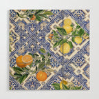 Mediterranean blue ceramic tiles, citrus fruit, lemons and oranges Wood Wall Art Gallery Image 1
