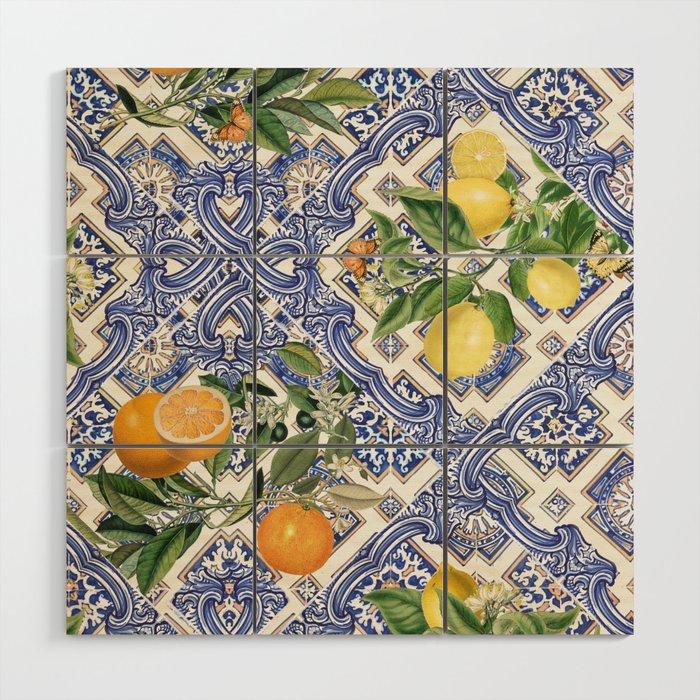 Mediterranean blue ceramic tiles, citrus fruit, lemons and oranges Wood Wall Art Gallery Image 1