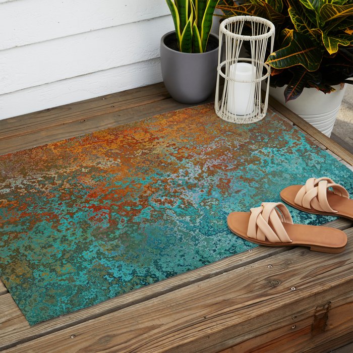 Vintage Copper and Teal Rust Outdoor Rug Gallery Image 2