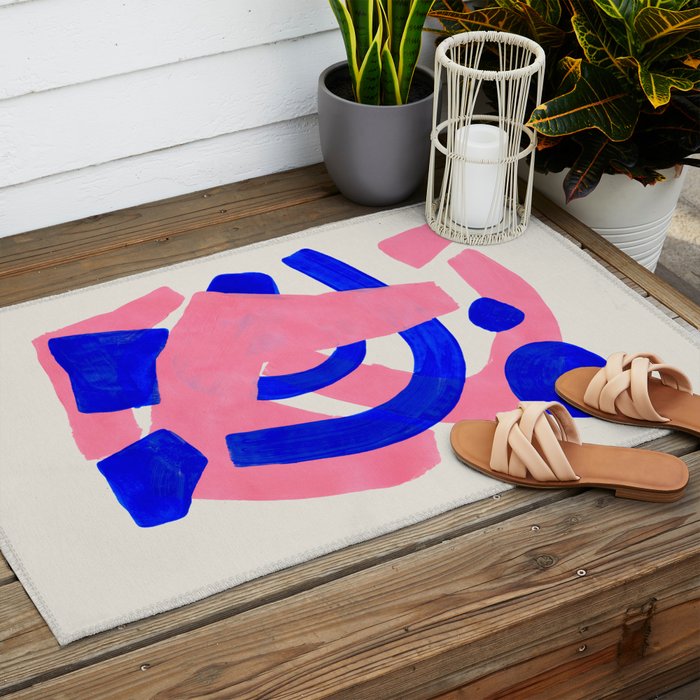 Abstract Painting Mid Century Modern Abstract Funky Sound Waves Pink Blue Shapes Outdoor Rug Gallery Image 2