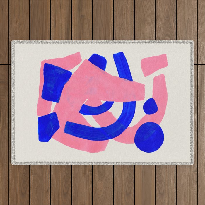 Abstract Painting Mid Century Modern Abstract Funky Sound Waves Pink Blue Shapes Outdoor Rug Gallery Image 1