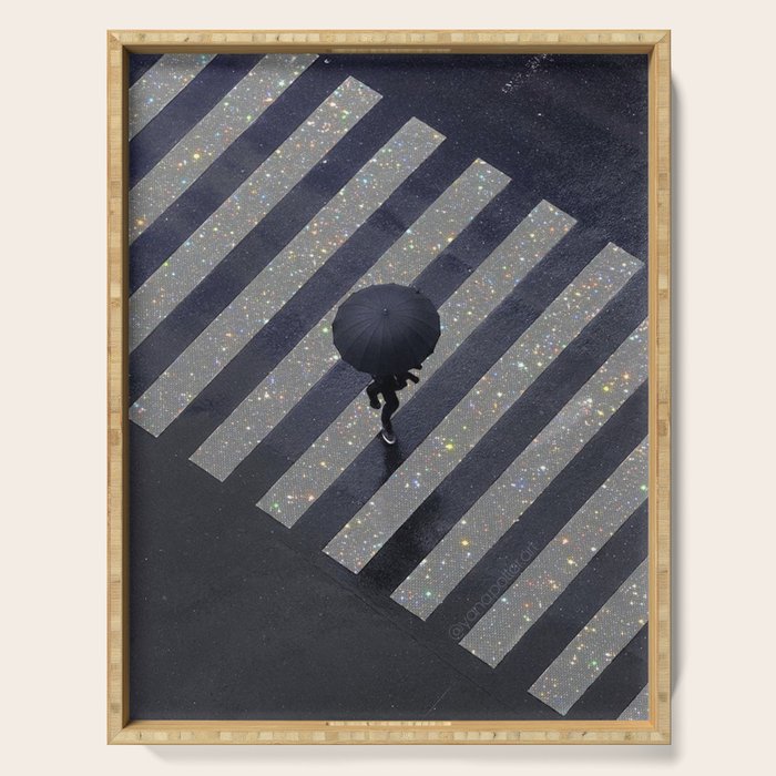Walking in the rain | rainy |  crosswalks | alone | umbrella | grey Serving Tray Gallery Image 1