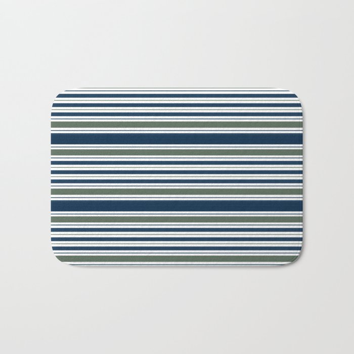 Navy Blue And Sage Green Horizontal Stripes Bath Mat Gallery Image 1
