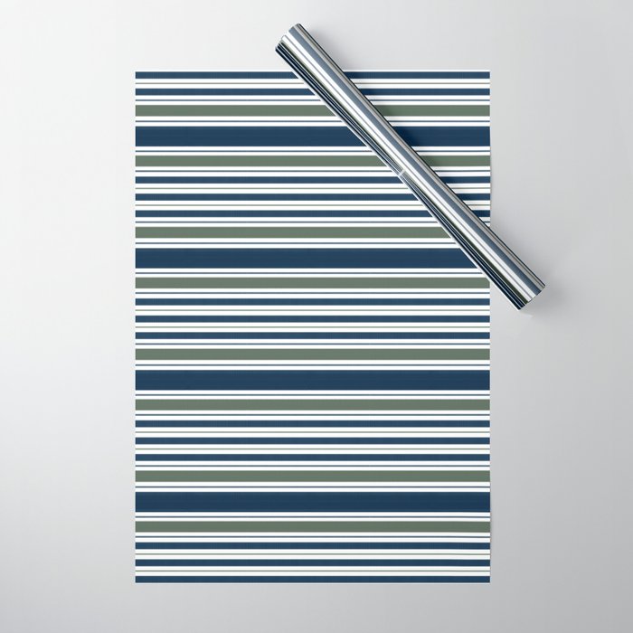 Navy Blue And Sage Green Horizontal Stripes Wrapping Paper Gallery Image 1