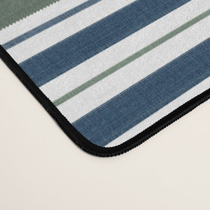 Navy Blue And Sage Green Horizontal Stripes Desk Mat Gallery Image 4