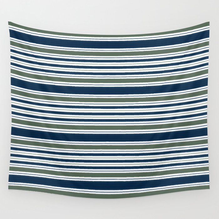 Navy Blue And Sage Green Horizontal Stripes Wall Tapestry Gallery Image 1