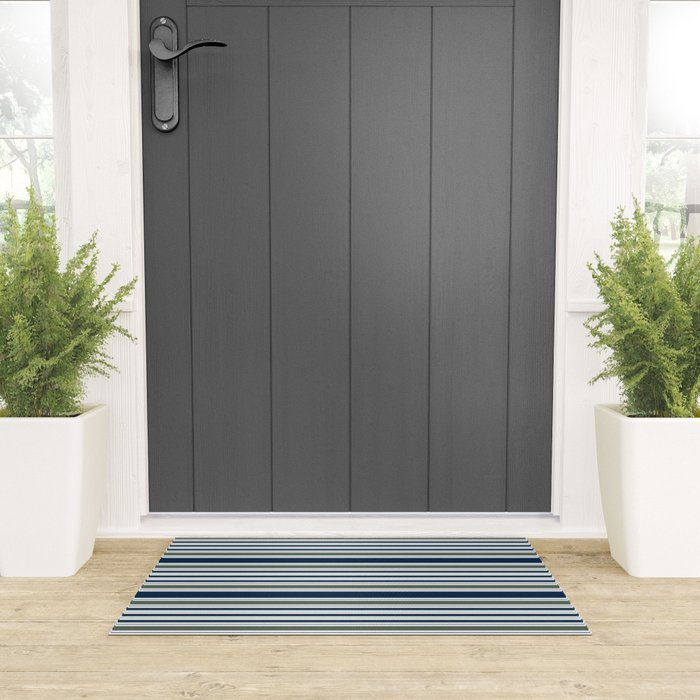 Navy Blue And Sage Green Horizontal Stripes Welcome Mat Gallery Image 3